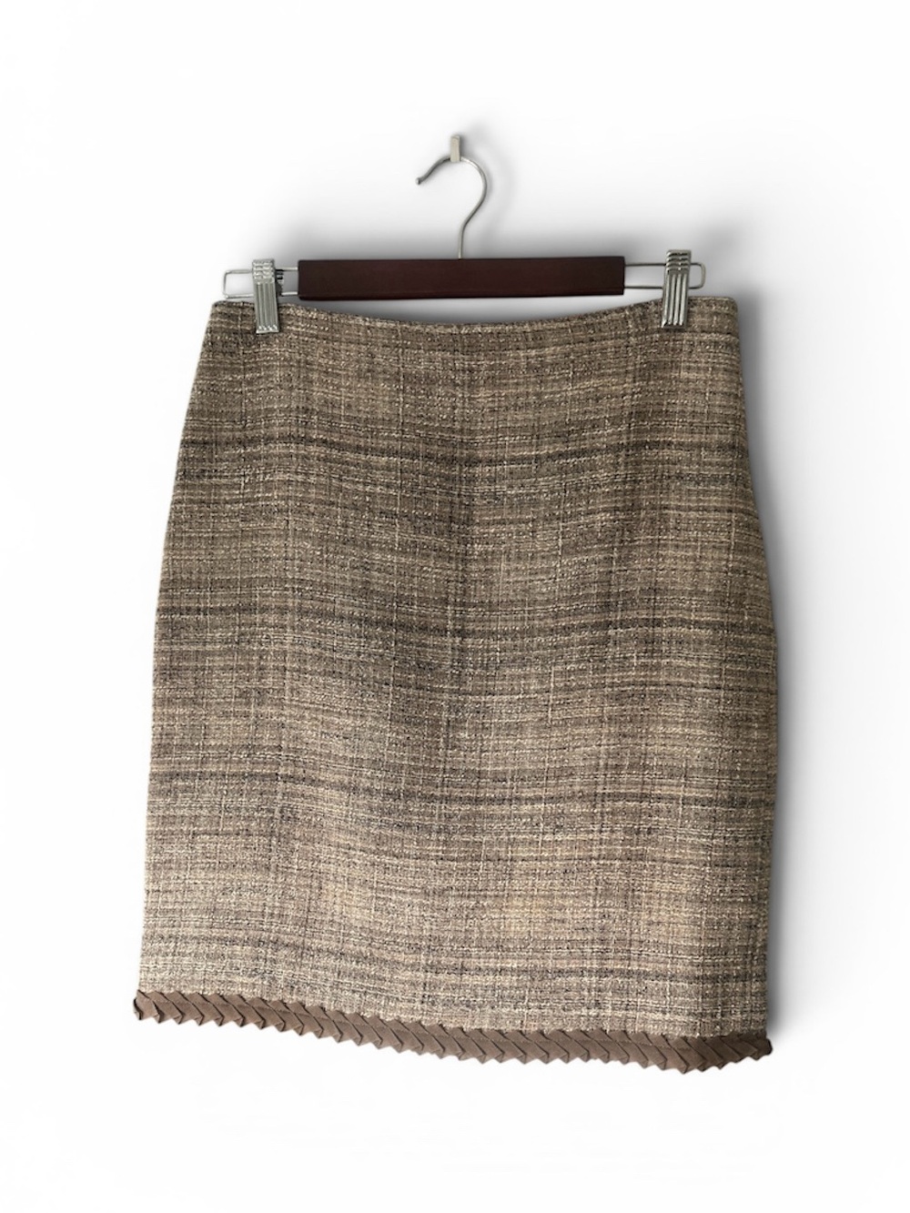 Worth Brown Tweed Pencil Skirt with Braided Hem